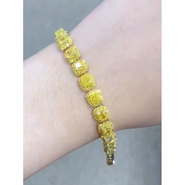 6.213ct Желтый бриллиант Теннисный браслет Шаблон подушки Культивированные алмазы