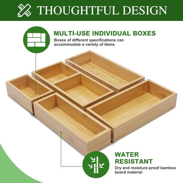 Organisateur de tiroirs en bambou de luxe - Organisateur de tiroirs multifonctionnel pour cuisine, salle de bain, bureau, cosmétiques, bijoux