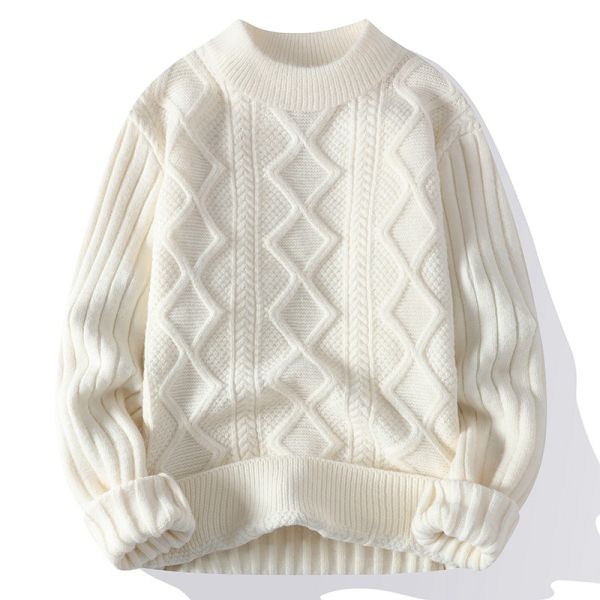 Men's Crew Neck Sweater Knitted with Thick Fabric and Patchwork Pattern in Winter