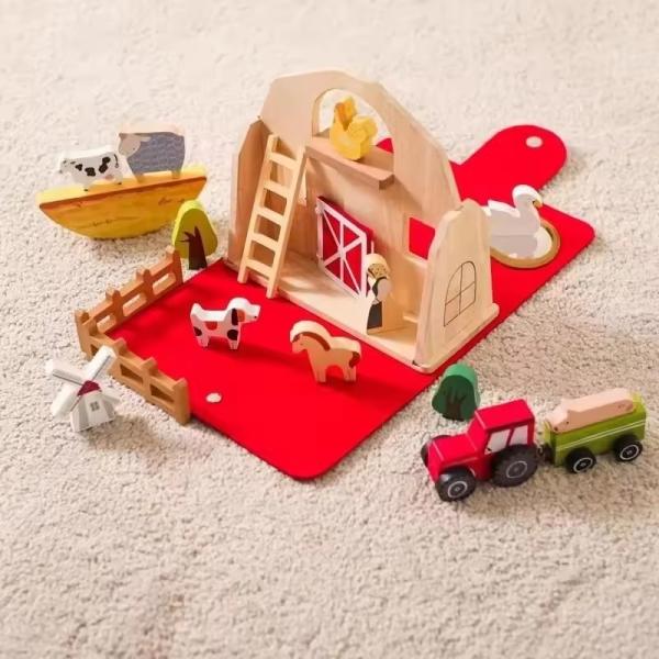 Classic Barn Play Set - Wooden Farm Toys For Toddlers - Farm Animals - Farmer's Barn With Carry Handle
