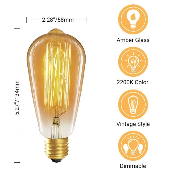 Long Lifetime 6W Dimmable Led Filament Bulb in Amber Warm Yellow Light for E26 Base