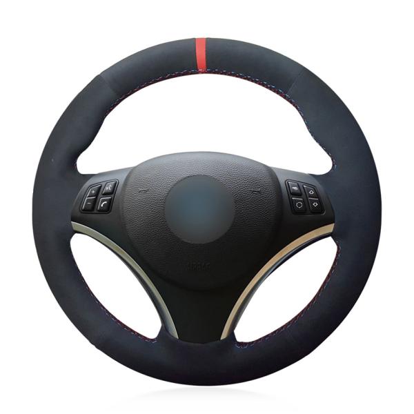 Black Suede Red Marker Steering Wheel Cover for BMW E90 E87 120i 130i 120d 30*15*5 cm