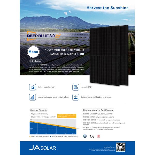Profundo azul 3.0 JA Paneles solares PERC 108 Células Mono Harf Cell GR MBB 395W 400W 405W 410W 415W 420W