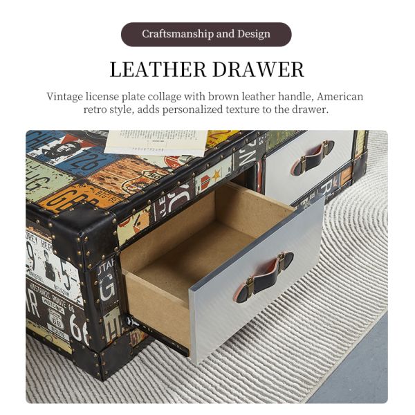 Nidea #312 Handcrafted Durable Multi-purpose Vintage Leather Living Room Cabinet with Retro License Plate Design, Featuring Two Drawers.