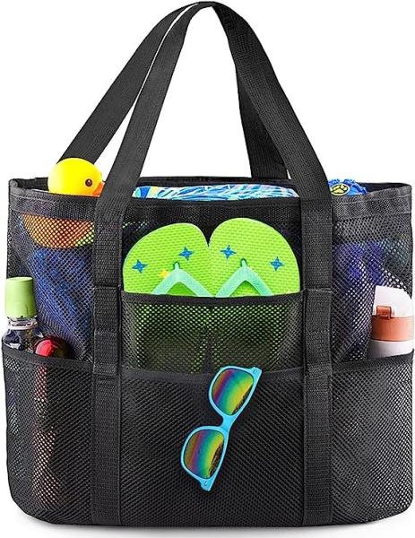 Mesh Beach Bag, Extra Large Beach Bags with 9 Pockets & Zipper Waterproof Lightweight Beach Tote for Beach/Pool Trip