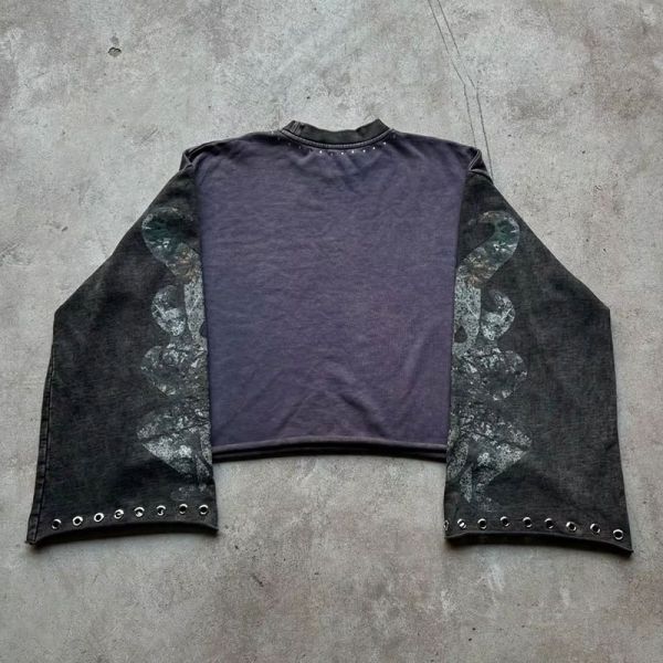 Vestidos de calle personalizados Hip Hop 100% de algodón crudo Camiseta cortada de metal Rivet Stone Wash Vintage camisetas de manga larga para hombres