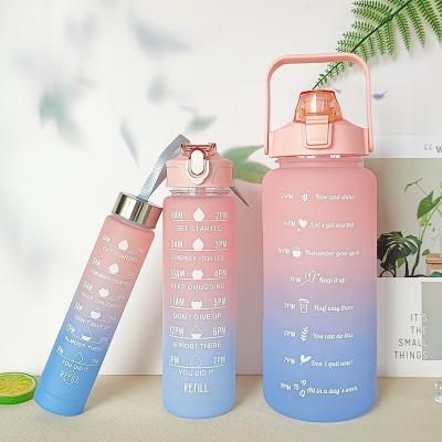 Sports Water Bottle 3 Pcs Set With Motivational Time Marker Leak Proof Flip Top Lid Gradient Purple For School Fitness Enthusiasts Indoor Outdoor Activities