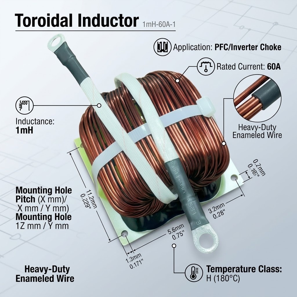 1mH 60A High Current Toroidal Inductor Coil with Double Magnetic Ring for Power Applications