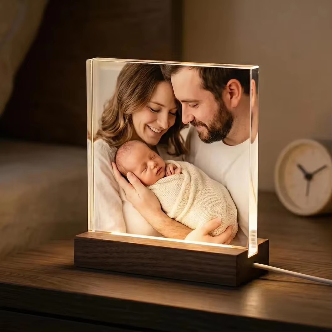Decorative Wooden Acrylic Stand With LED Light Up Base For High Definition Photo Display