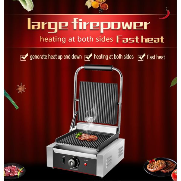 Commercial Electric Panini Maker Grill with Non-Stick Cooking Surface and Sandwich Plates