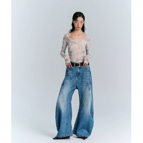 Denim Fabric Deconstructed Wide Leg Jeans for Men and Women in Plus Size Streetwear