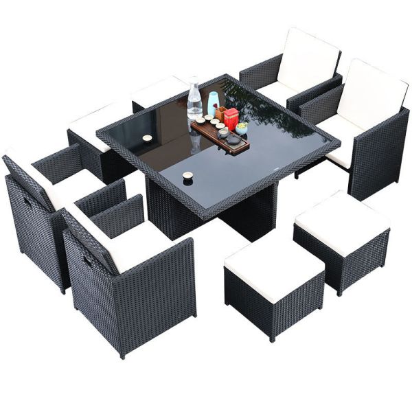 8 Seater Outdoor Rattan Chairs Courtyard Garden Space Saving Tempered Glass Coffee Table Set