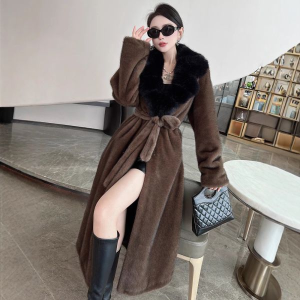 Elegant Plus Size  Long Faux Fur Coat Dark Brown  Faux Ladies Coats V Neck