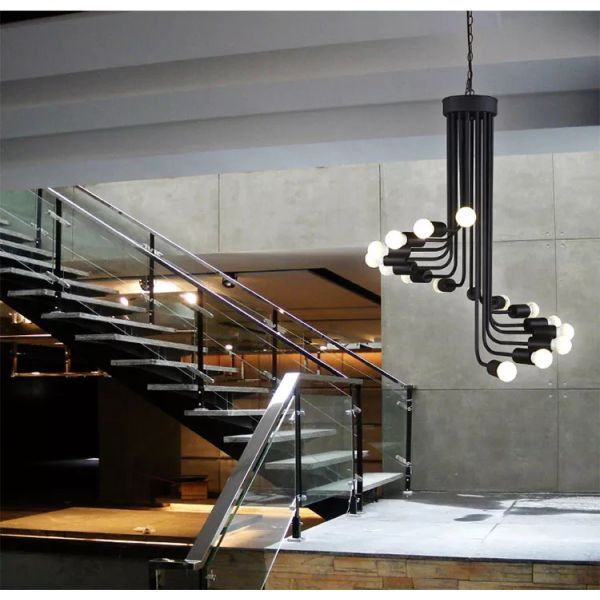 Black staircase shape vintage spiral wrought iron hotel chandelier(WH-CI-157)