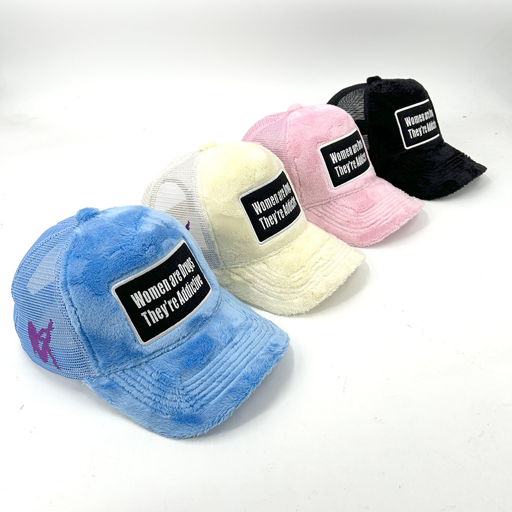 Embroidered Mesh Fluffy Velvet 5 Panel Trucker Hat Custom Snapback Cap