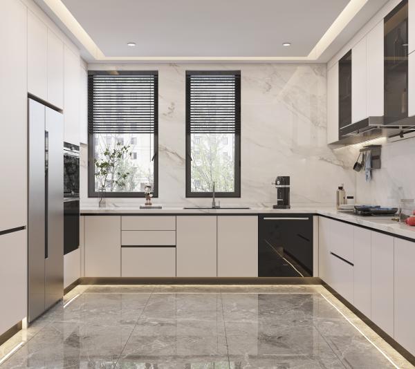 Modern Melamine Finish Kitchen Cabinet with Natural Stone Texture