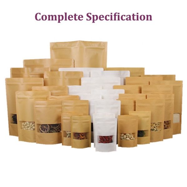 White Kraft Craft Paper Standing Up Pouches Food Packaging Zipper Bags With Window