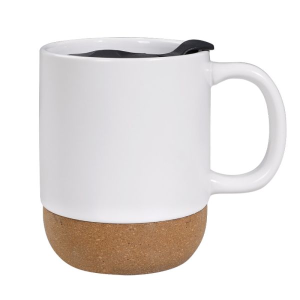 450ML Custom Logo Matte Black White Cork Base Ceramic Coffee Travel Mug With PP Lid