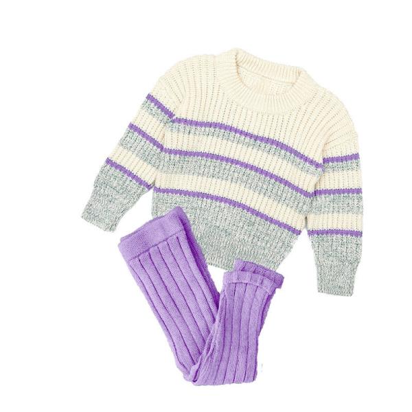 Inverno Crianças Algodão Lounge Tricoteado à Mão Camisola Grossa Listrada Calças Apertadas 2PCS