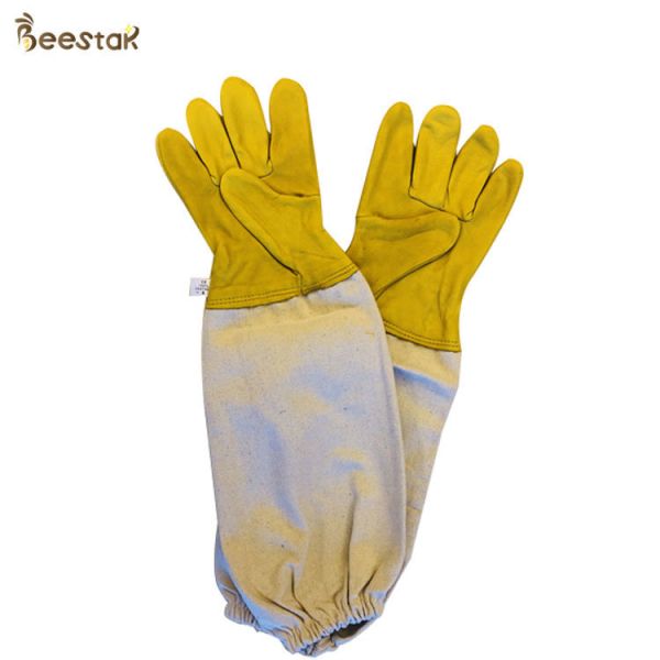 Economic Sheepskin Beekeeping Gloves with Leather and Canvas in Yellow and White for Bee Protection
