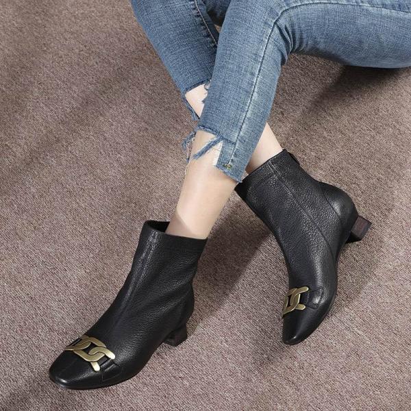 HZM028 Autumn And Winter New Style Martin Boots Leather Women'S Leather Boots Square Toe Low-Heeled Fashion Temperament