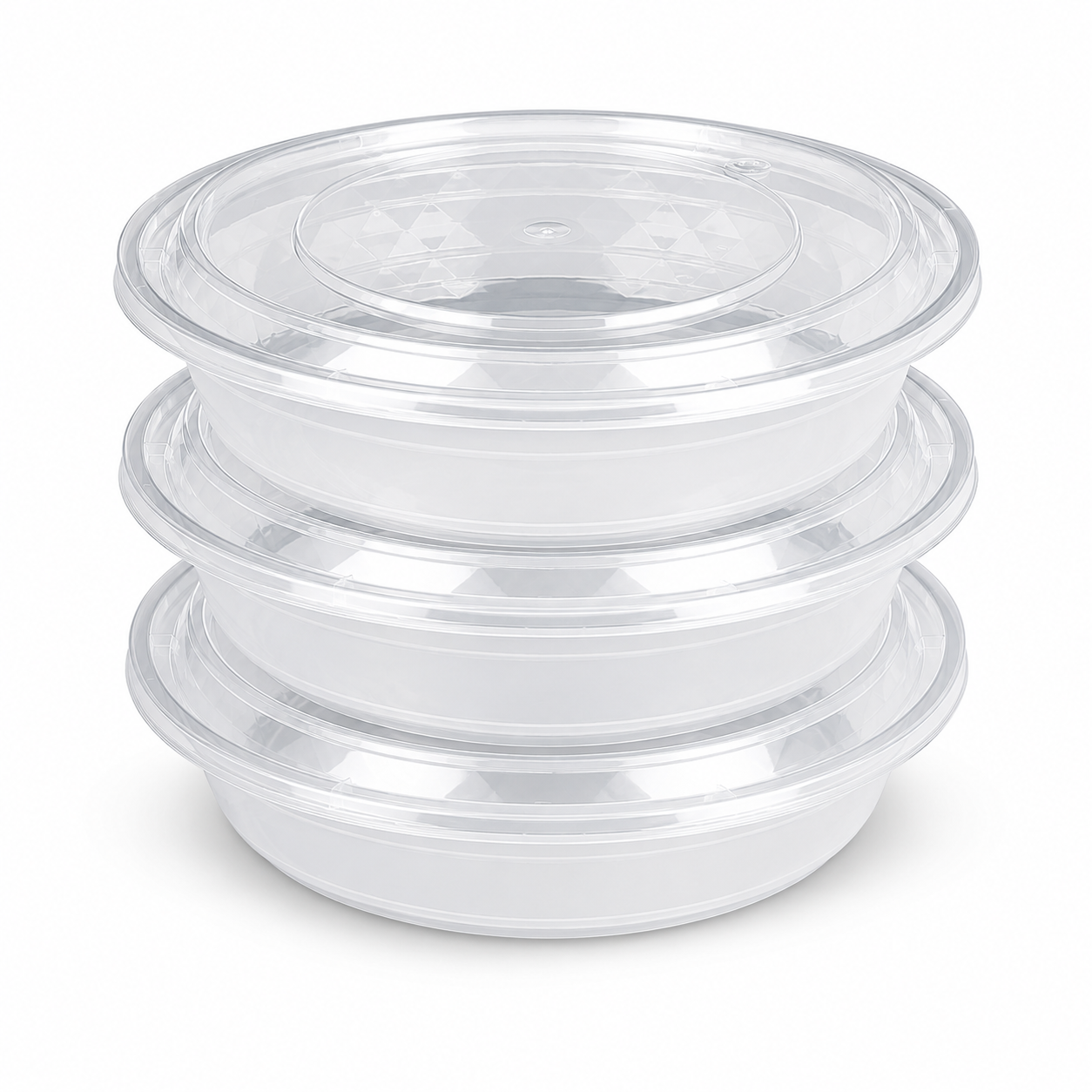 Clear Fitted Lid Disposable Food Bowls 1100ml Shallow Round PP Meal Tray
