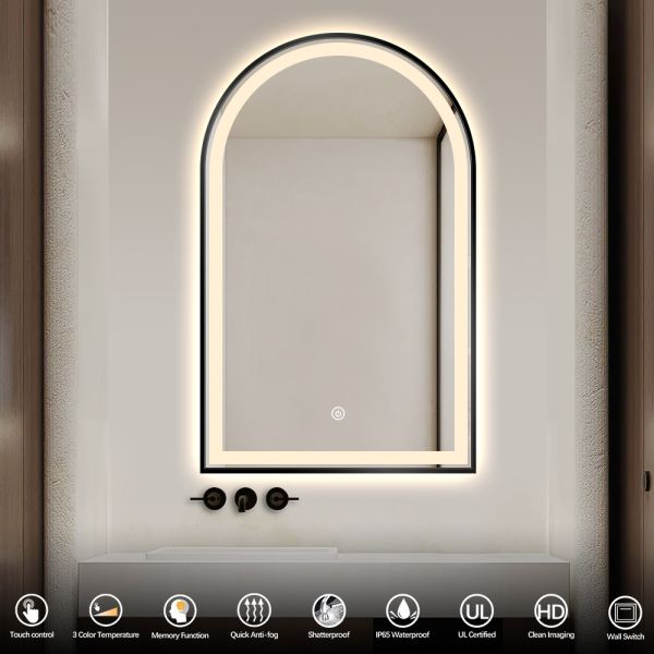 Luxury Arch Shape Black Framed Bathroom Mirror , Smart LED Bathroom Mirror IP54 Waterproof