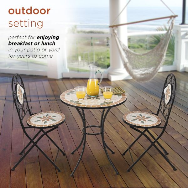 AJUNION 3 Piece Iron Mosaic Tile Patio Bistro Set with Ceramic Table and Folding Chairs