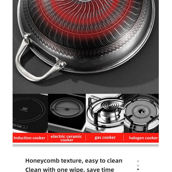 Hot Selling Kitchen 32cm Induction Wok Pan SUS 304 Stainless Steel Honeycomb Non-stick Frying Pan