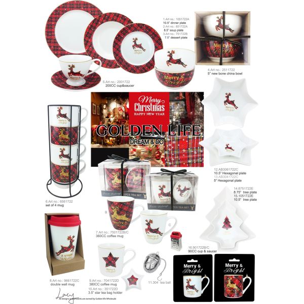 Porcelain Hexagon plate with grid elk  X`mas design Dinner Plate Household Breakfast Snack Dishes Plate