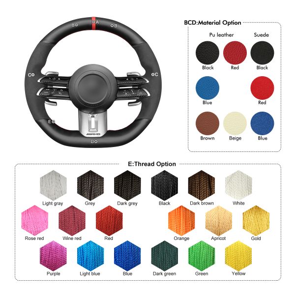 Leather Suede Hand Stitching Steering Wheel Cover for Mercedes Benz AMG GT A35 A45 C43 CLS53 E53 E63 SL43 2021-2023