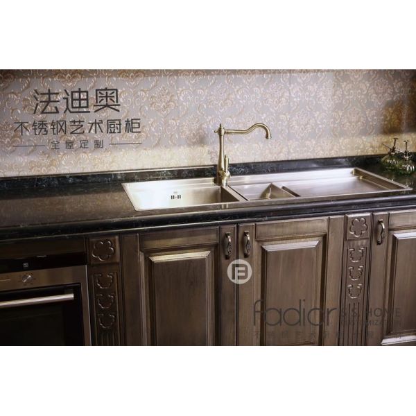 Dark Wood Stainless Steel Kitchen Cabinets with Island and LED Lighting