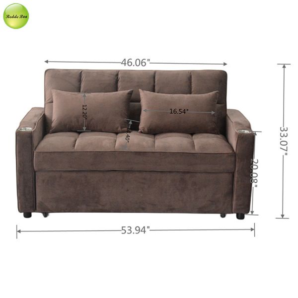 Elegant Velvet Fabric Sofa Bed with USB Charger & Cup Holder 2 Seater Living Room Sofa Convertible Sleeping Pull Out Sofa Bed