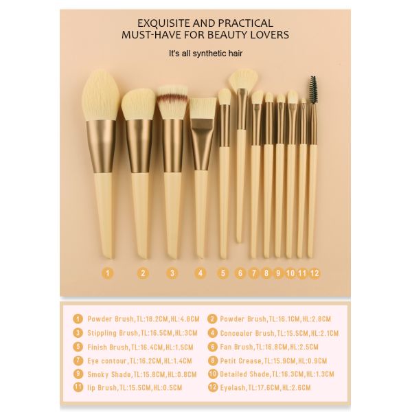 Yellow  12pcs Nano Wool Travel Makeup Brushes Set Nano Wool Travel Cosmetic Brushes