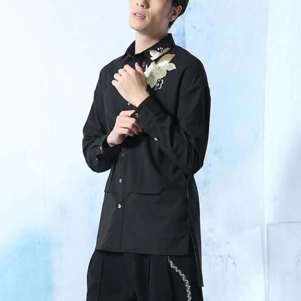 Embroidery Mens Fashion Casual Shirts Long Sleeve 100% Cotton Black Color