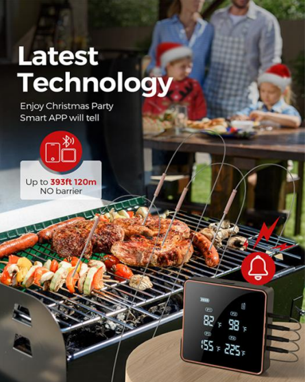 SS304 Grill / Barbecue Meat Thermometer Bluetooth Remote Monitor with 4 probes
