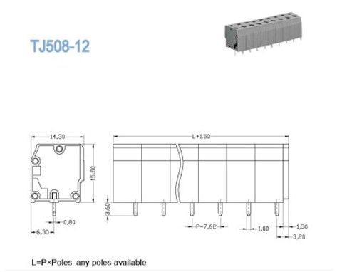 300V 12A 2P - блок 16P Screwless терминальный, блоки струбцины весны 7.62mm терминальные