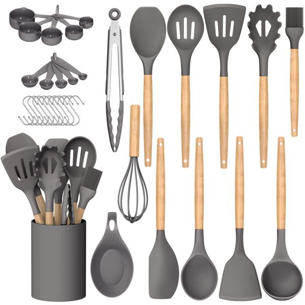 Stocked Silicone Kitchenware Cookware Sets With Wooden Handle Heat Resistant for OEM/ODM