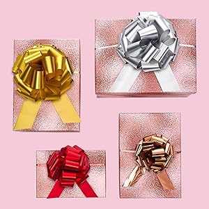 Metallic Rose Gold, Red, Gold, Silver Gift Wrap Pull Bow Set, 6 Inch Large 4'' , Assorted Ribbon For Gift Basket
