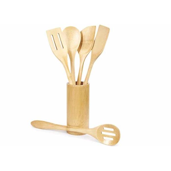 Reusable Bamboo Kitchen Cooking Utensil Set Organic 8 Pieces With Utensils Holder