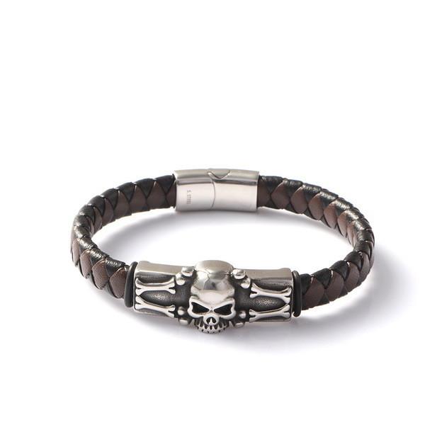 Skeleton Skull Brown Black Leather Creative Personality Stainless Steel Casting Trendy Leather Bracelet European and American Punk Skull Fashion Trendy Clothing Accessories
