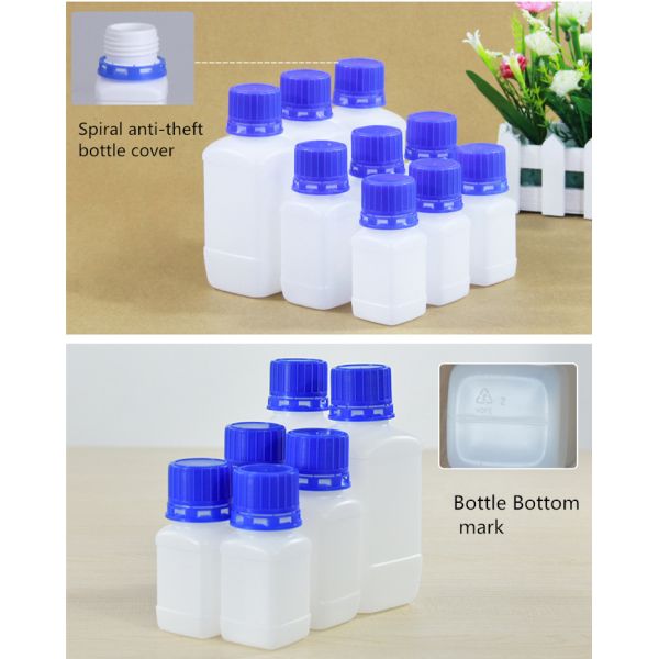 Square White HDPE Plastic Lab Bottles Reagent Chemical Storage 60ml-250ml