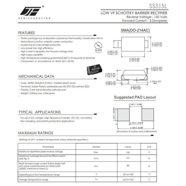 SS34L/SS345L/SS36L/SS38L/SS310L/SS315L/SS320L Low Vf Schottky Rectifier Diode in DO-214AC Package