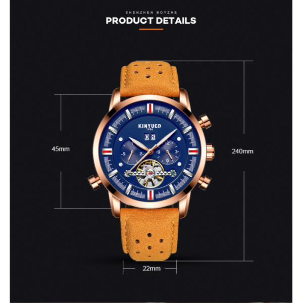 KINYUED J019-3  Private Label Gold Case Genuine Leather Auto Date Skeleton Tourbillon Automatic Mechanical Wristwatches