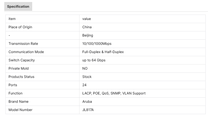 Original New JL817A Aruba CX 4100i 12 Port Ethernet Switch with 256Gbps Capacity and Stackable Function