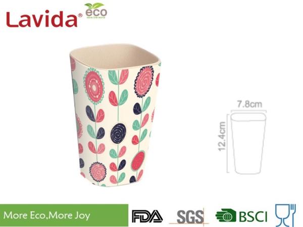 Firm Sturdy Eco Bamboo Fiber Cup Hand Drawn Flower Printed For Fast Food Restaurant