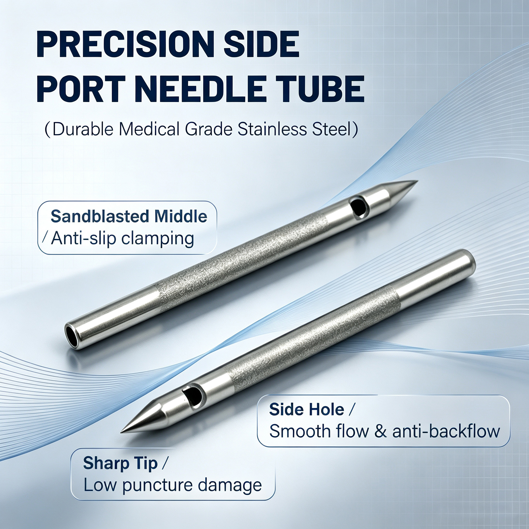 Customized Stainless Steel Side Hole Needle With Sandblasted Grip Area