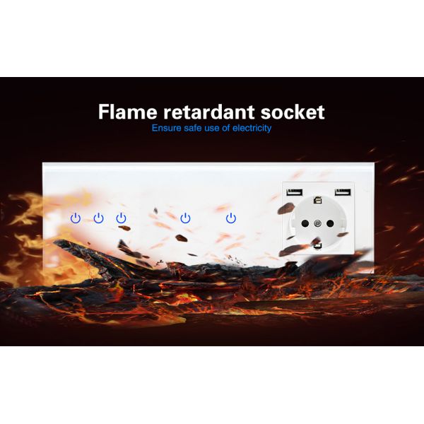 UBARO Smart Touch Light Switch + Dual EU Schuko Power Outlet Combo, Tempered Glass Wall Plate, AC 110V-250V, White, Home Electrical Socket with Touch Control