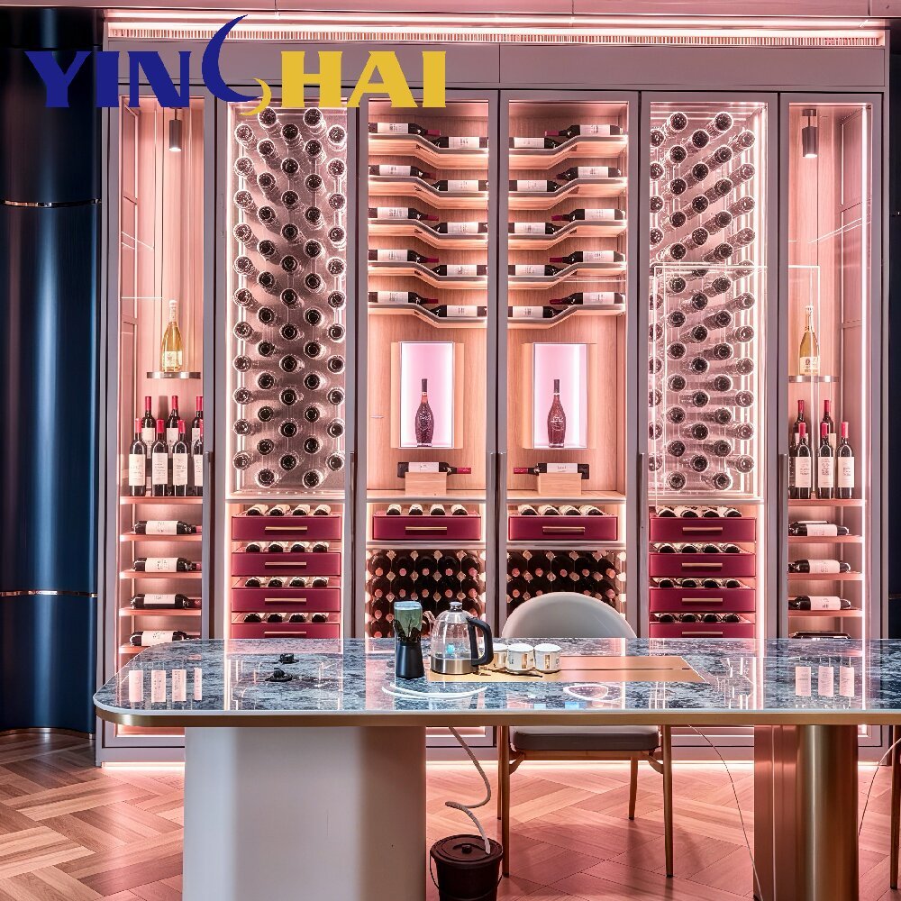 Custom Constant Temperature Stainless Steel Wine Cabinet LED Solid Wood Wine Storage