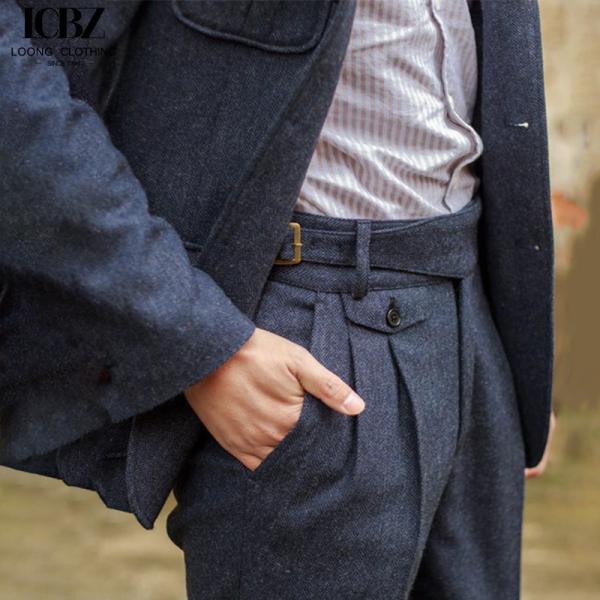 British Herringbone Vintage Woolen Casual Trousers Straight Hemmed Classic Men's Suit Trousers